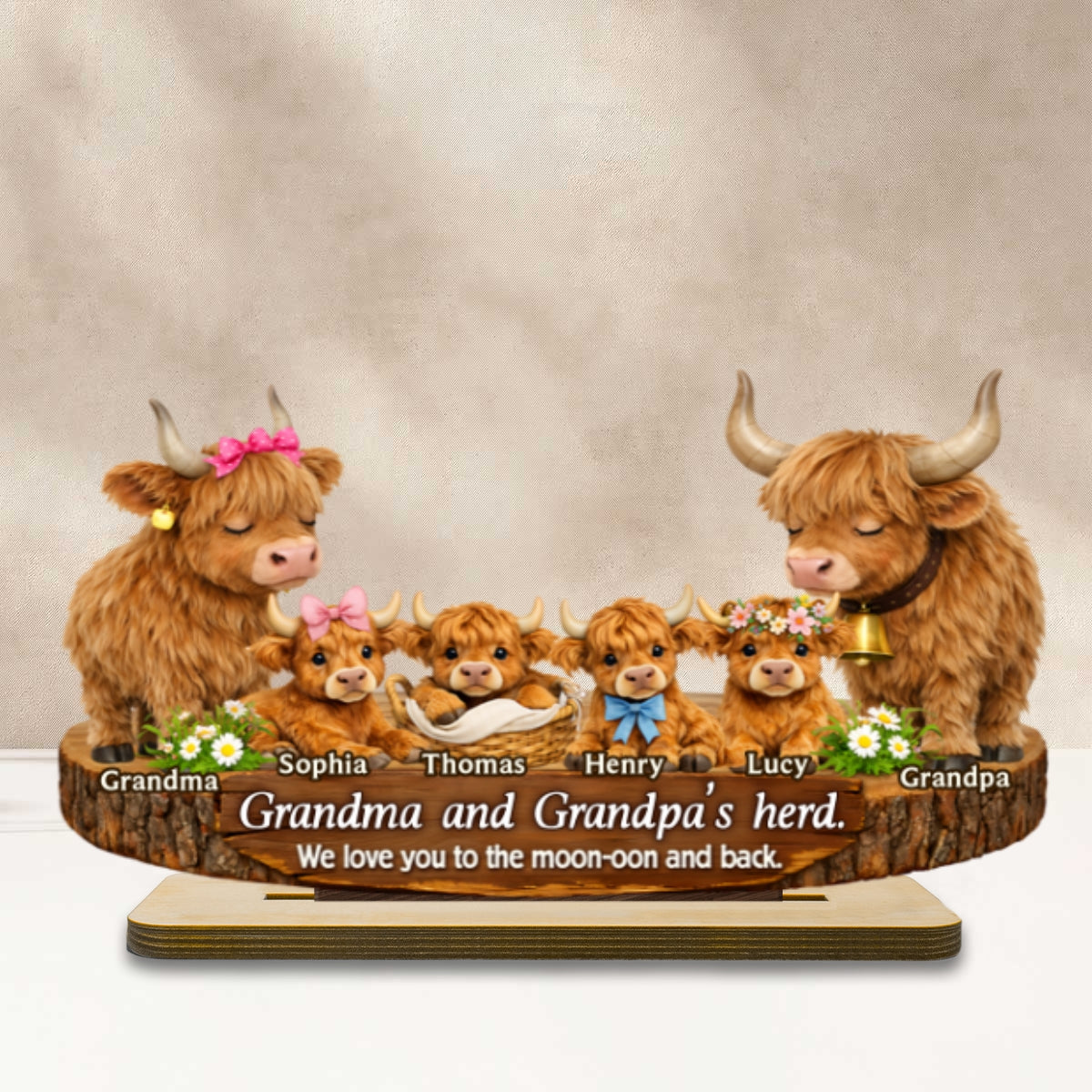 Grandma and Grandpa's Herd Highland Cow Family - Personalized 2-Layered Wooden Plaque - Gift for Grandma, Grandpa