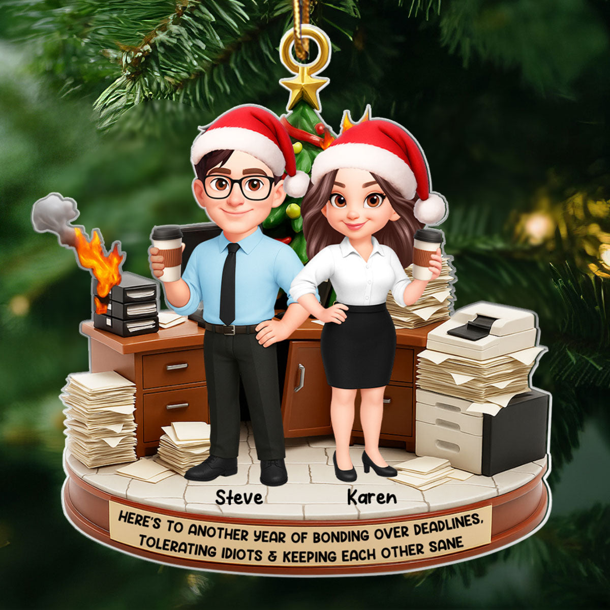 Here's to a Year Bonding over Deadlines - Personalized Acrylic Ornament - Funny Christmas Gift for Coworkers, White Elephant, Secret Santa Gift