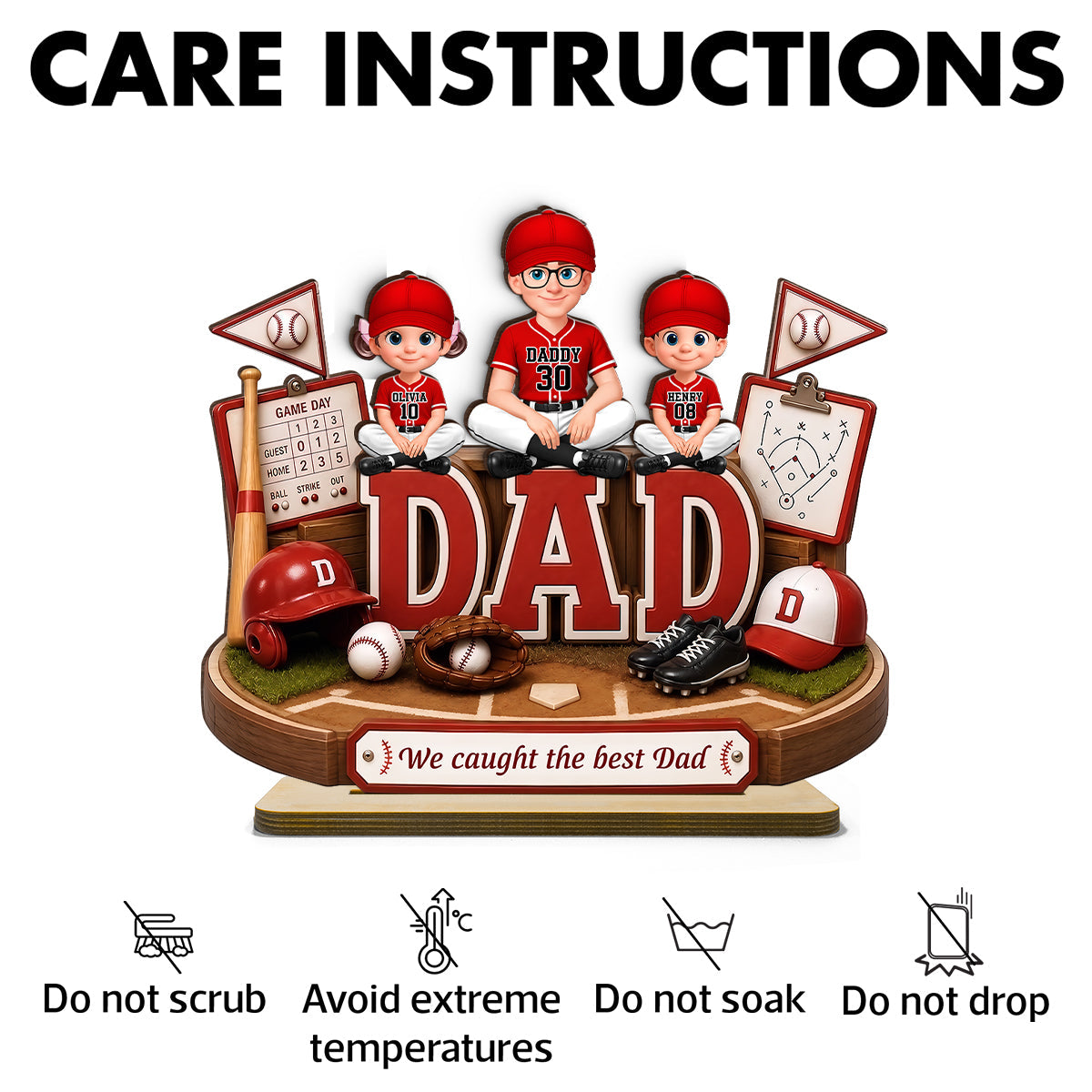 Baseball Dad Kids We Caught The Best Dad - Personalized 2-Layered Wooden Plaque -  Gift For Dad, Husband