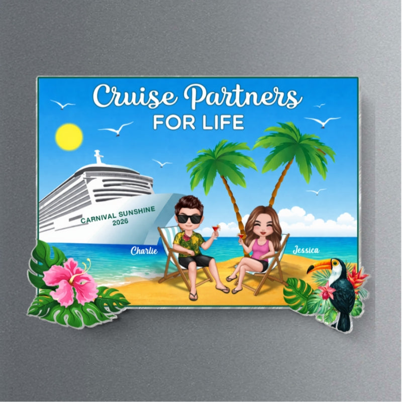 We're In Cruise Mode Doll Couple Sitting On The Beach - Personalized Cruise Ship Door Magnet