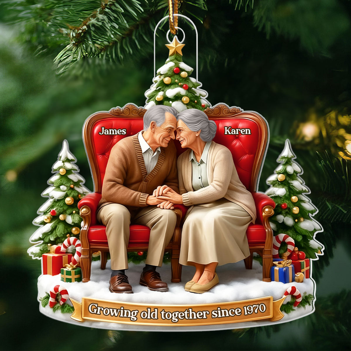 Old Couple Sitting Growing Old Together - Personalized Acrylic Ornament - Christmas Gift for him, Gift for her