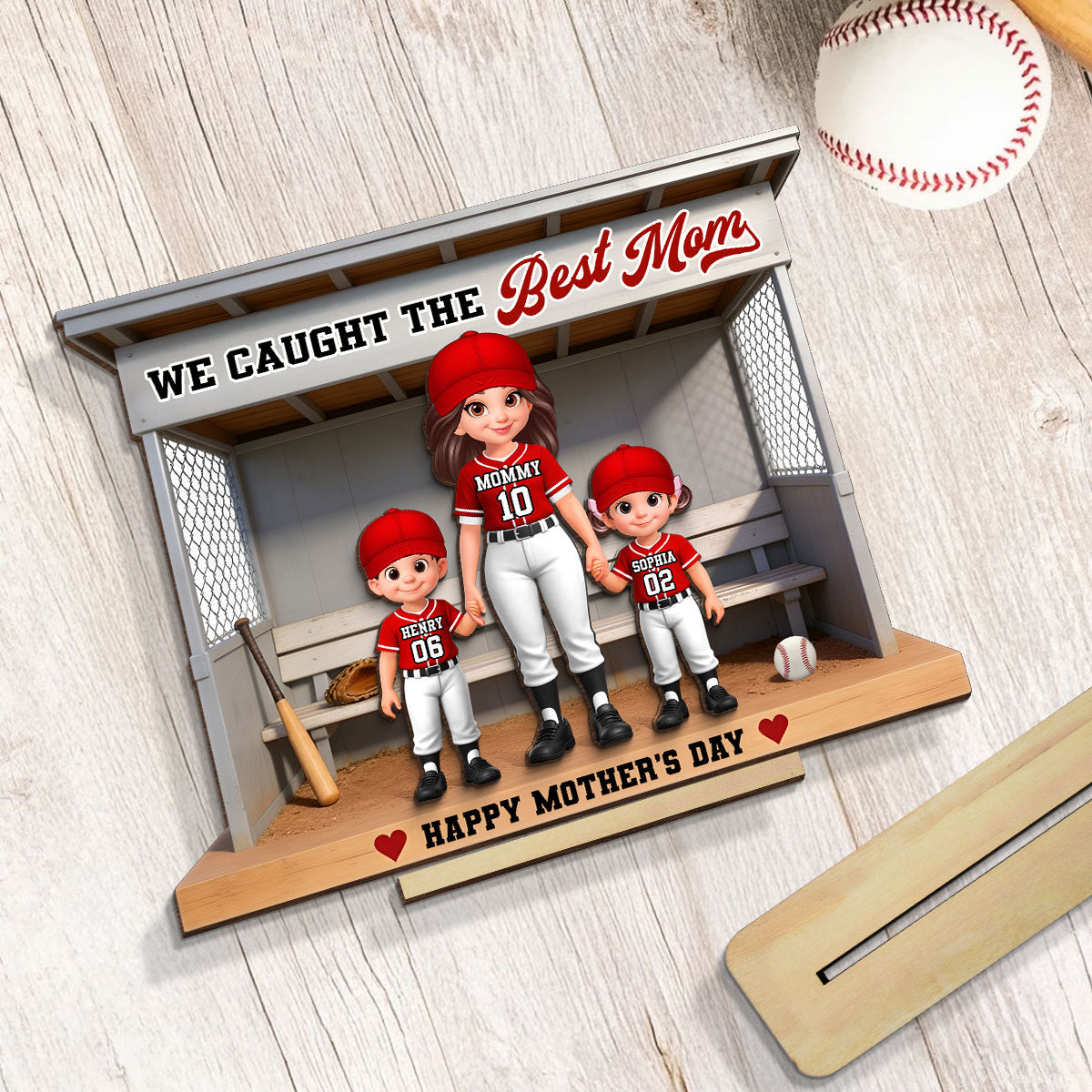 Baseball Softball We Caught The Best Mom - Personalized 2-Layered Wooden Plaque - Mother's Day Gift For Baseball Mom