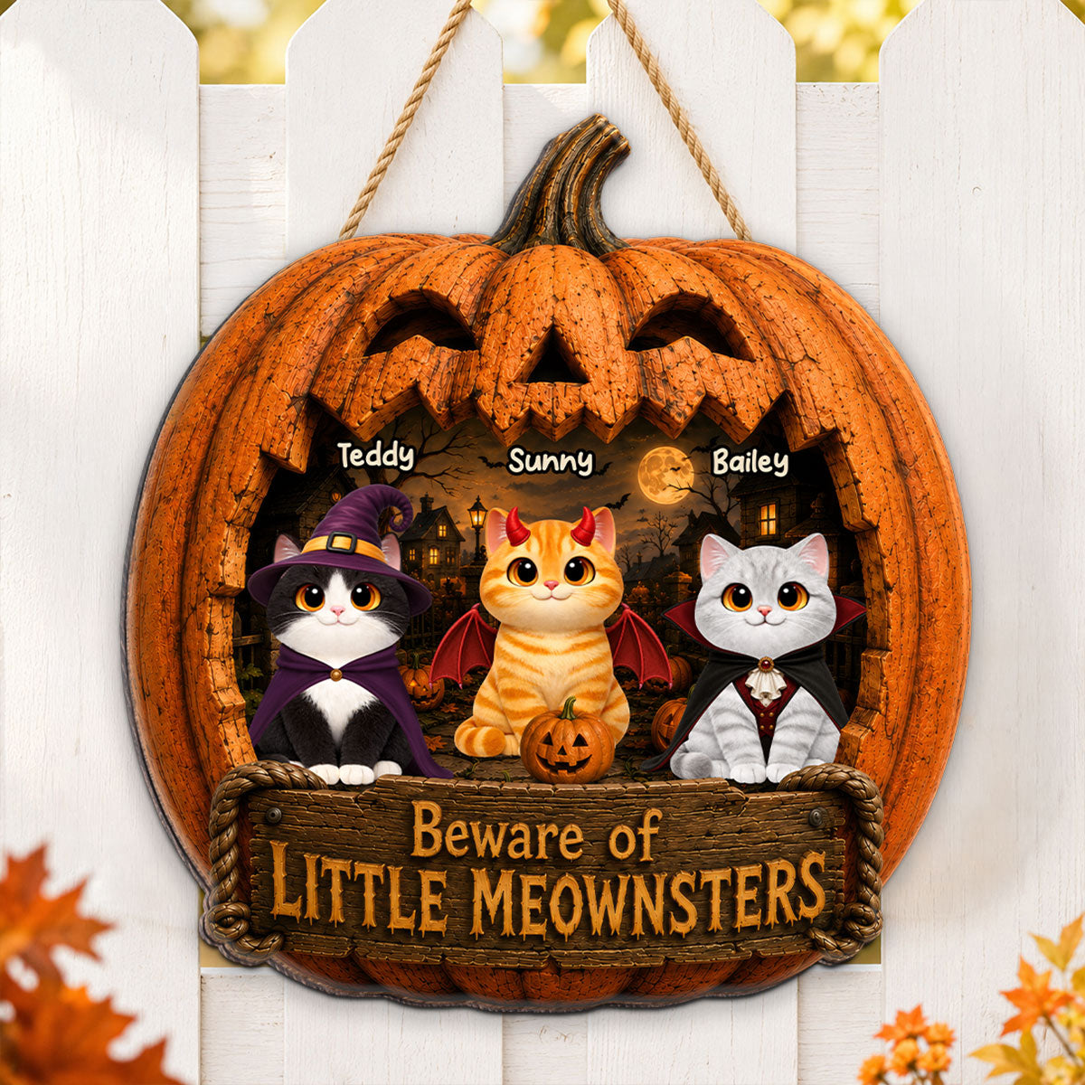 Spooky Halloween Pumpkin Cats - Personalized Wood Sign - Halloween Decor For Cat Lovers