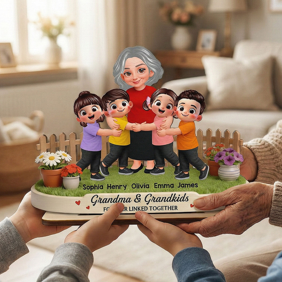 Grandma And Grandkids Happy Together In Backyard - Personalized 2-Layered Wooden Plaque - Gift For Grandma