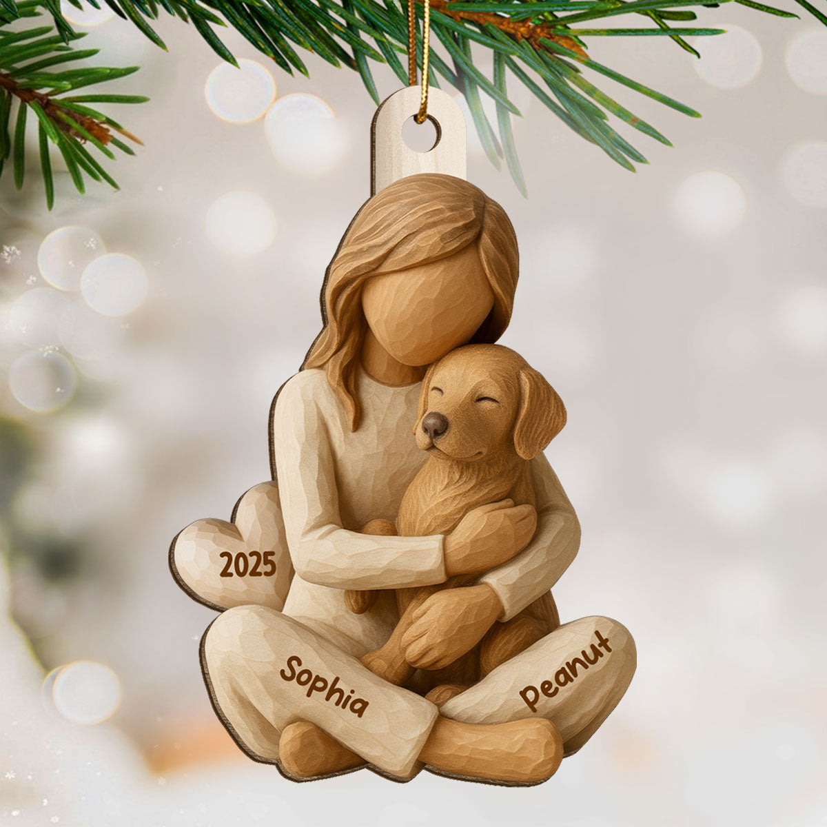 3D Effect Girl & Her Dog - Personalized Wooden Ornament - Gift For Dog Lover