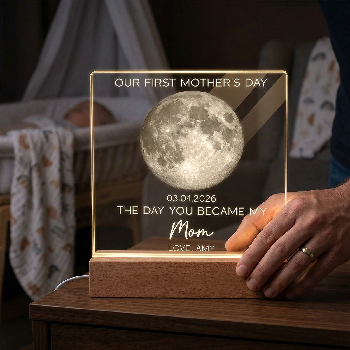 The Day You Became My Mom Custom Moon Phase First Mother's Day - Personalized Acrylic Block Plaque LED Night Light - First Mother's Day Gift For New Mom