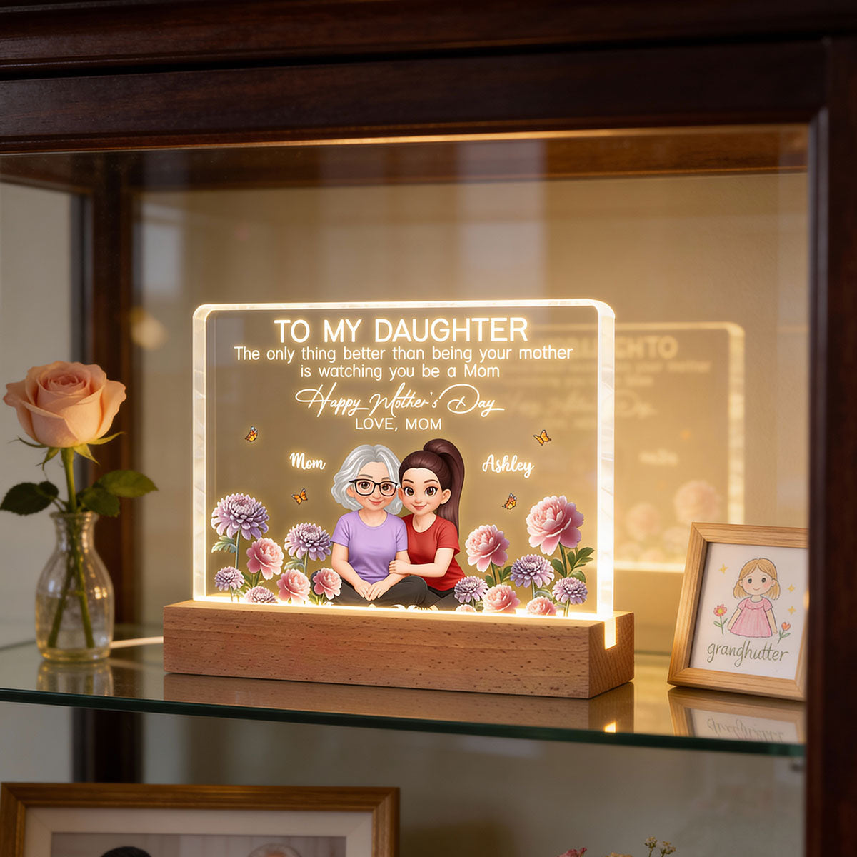 To My Daughter Happy Mother's Day Custom Birth Month Flower - Personalized Acrylic Block LED Plaque - Mother's Day Gift For Daughter
