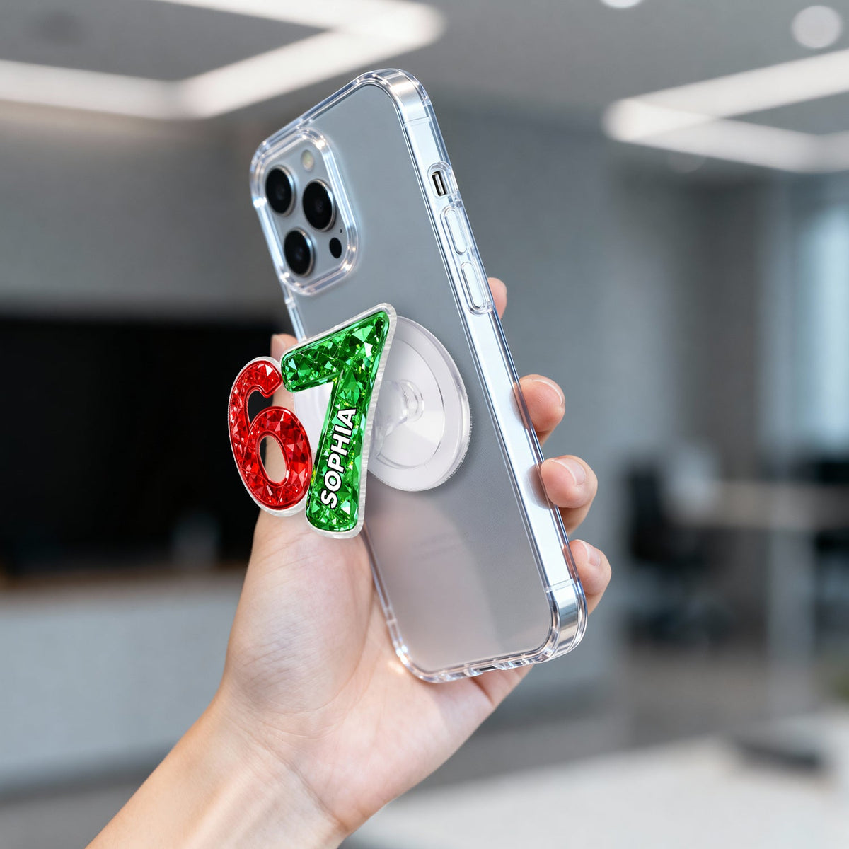 Custom Six Seven 3D Crystal Effect - Personalized Acrylic Magnetic Phone Grip - Teen Slang Funny Tree Decor, Funny Teen Grandkid Gift