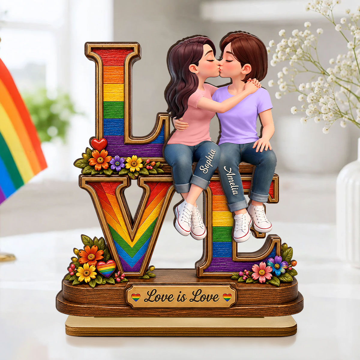 Love Is Love LGBT+ Couple Rose - Personalized 2-Layered Wooden Plaque - Gift For Couple, Happy Pride Month