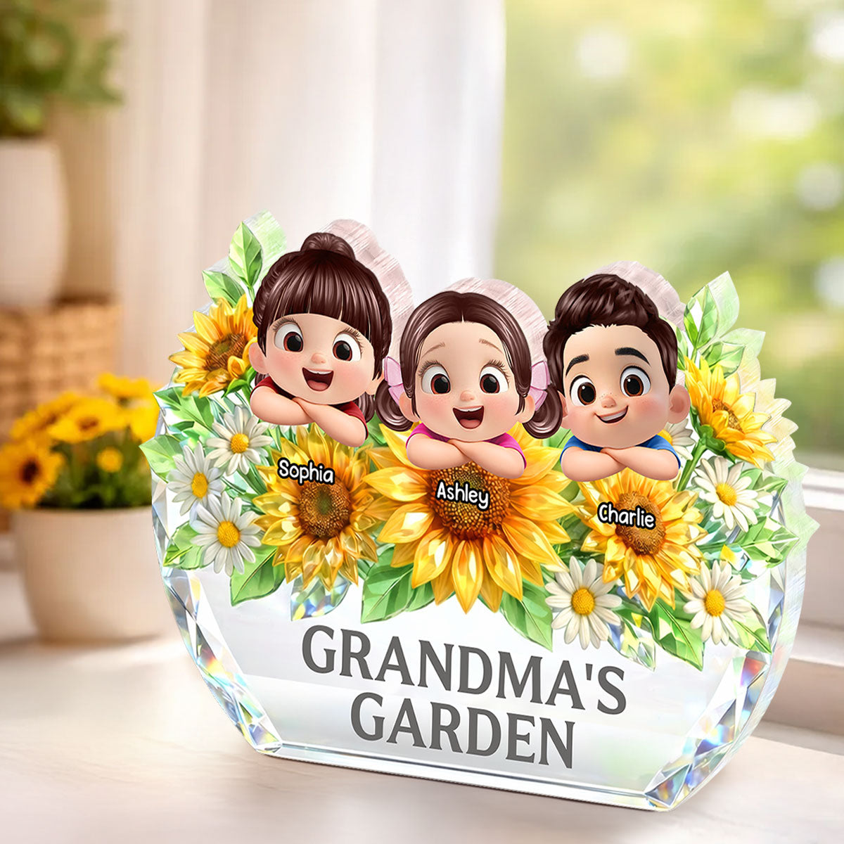 Grandma's Sunflower Garden - Personalized Acrylic Block Plaque - Mother's Day Gift for Grandma, Mom, Wife