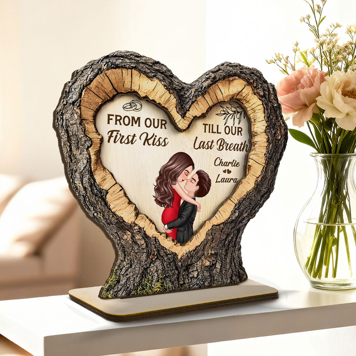 From First Kiss Till Last Breath Couple Kissing 2D Flat - Personalized 2-Layered Wooden Plaque - Anniversary Gift, Valentine's Gift For Him, For Her
