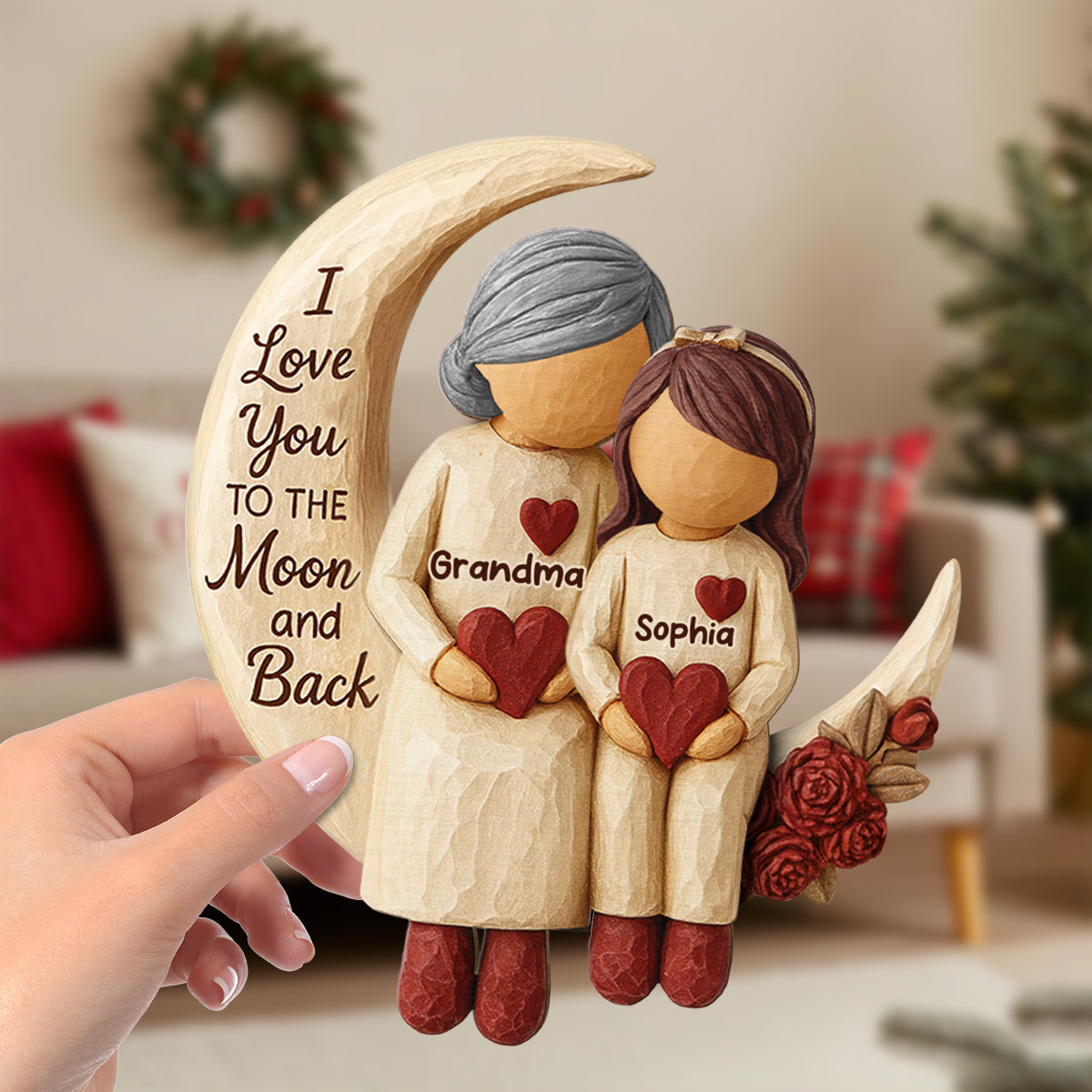 Grandma Grandkids on Moon - Personalized Standing Wooden Plaque - Nostalgia Rustic Home Decor for Grandma
