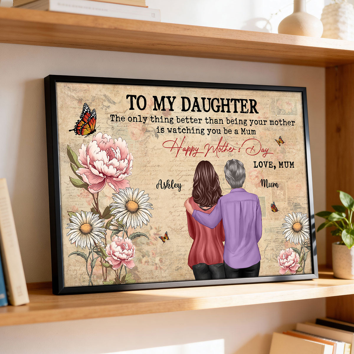 To My Daughter From Mum Vintage Floral Newspaper Birth Month Flower - Personalised Poster - UK Mother's Day