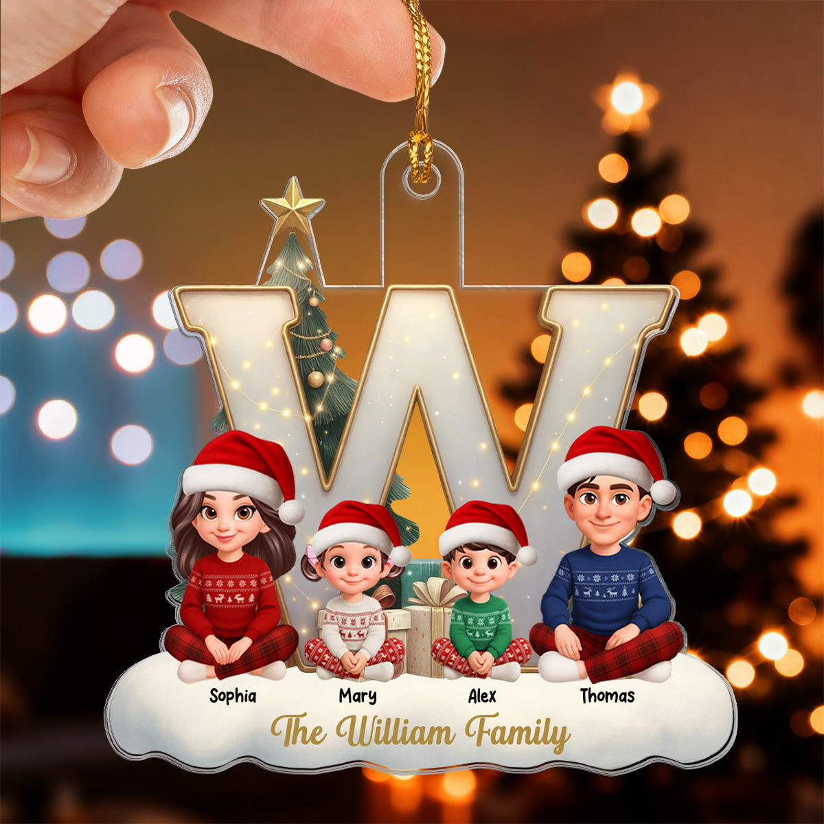 3D Effect Christmas Family Name Initial Beautiful Family Together - Personalized Acrylic Ornament - Gift For Family