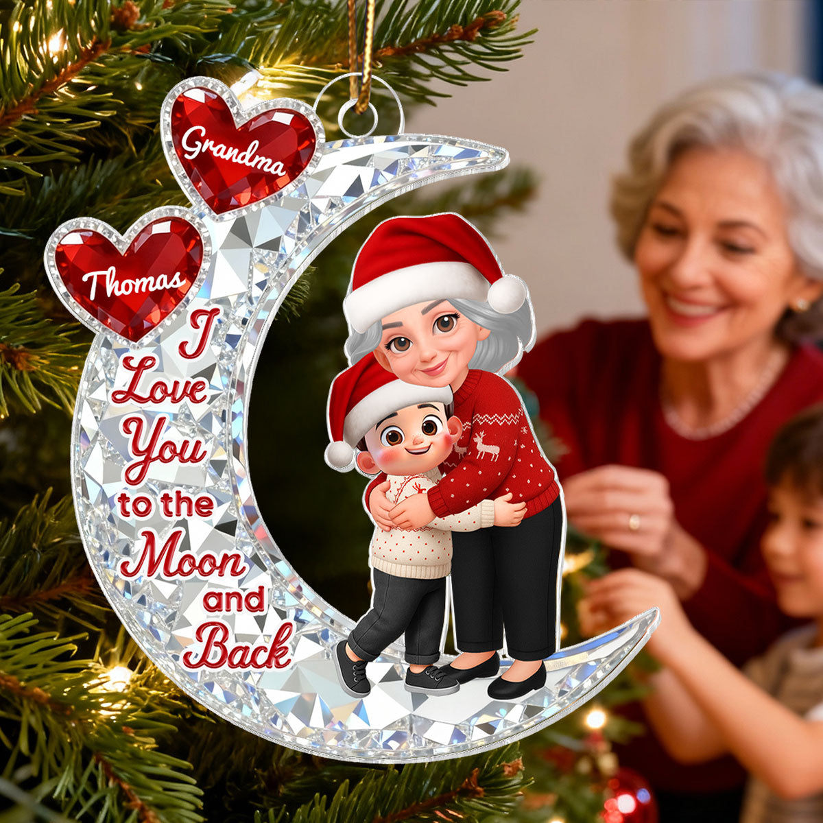 3D Effect Flat Grandma Hugging Grandkid On Moon - Personalized Acrylic Ornament - Gift For Grandma, Grandkids