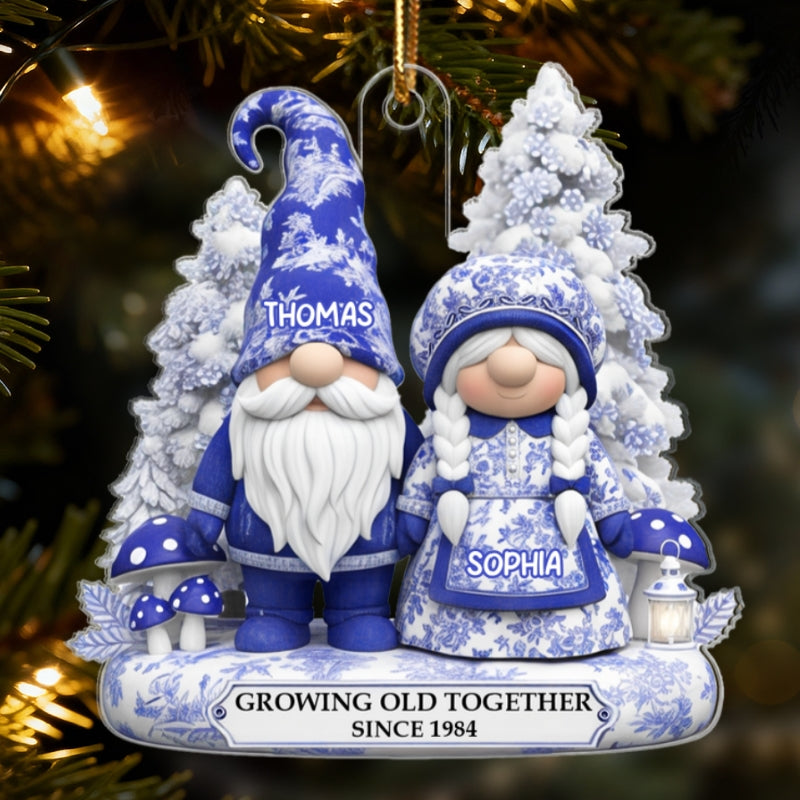 3D Effect Standing Gnome Couple Toile De Jouy Pattern - Personalized Acrylic Ornament