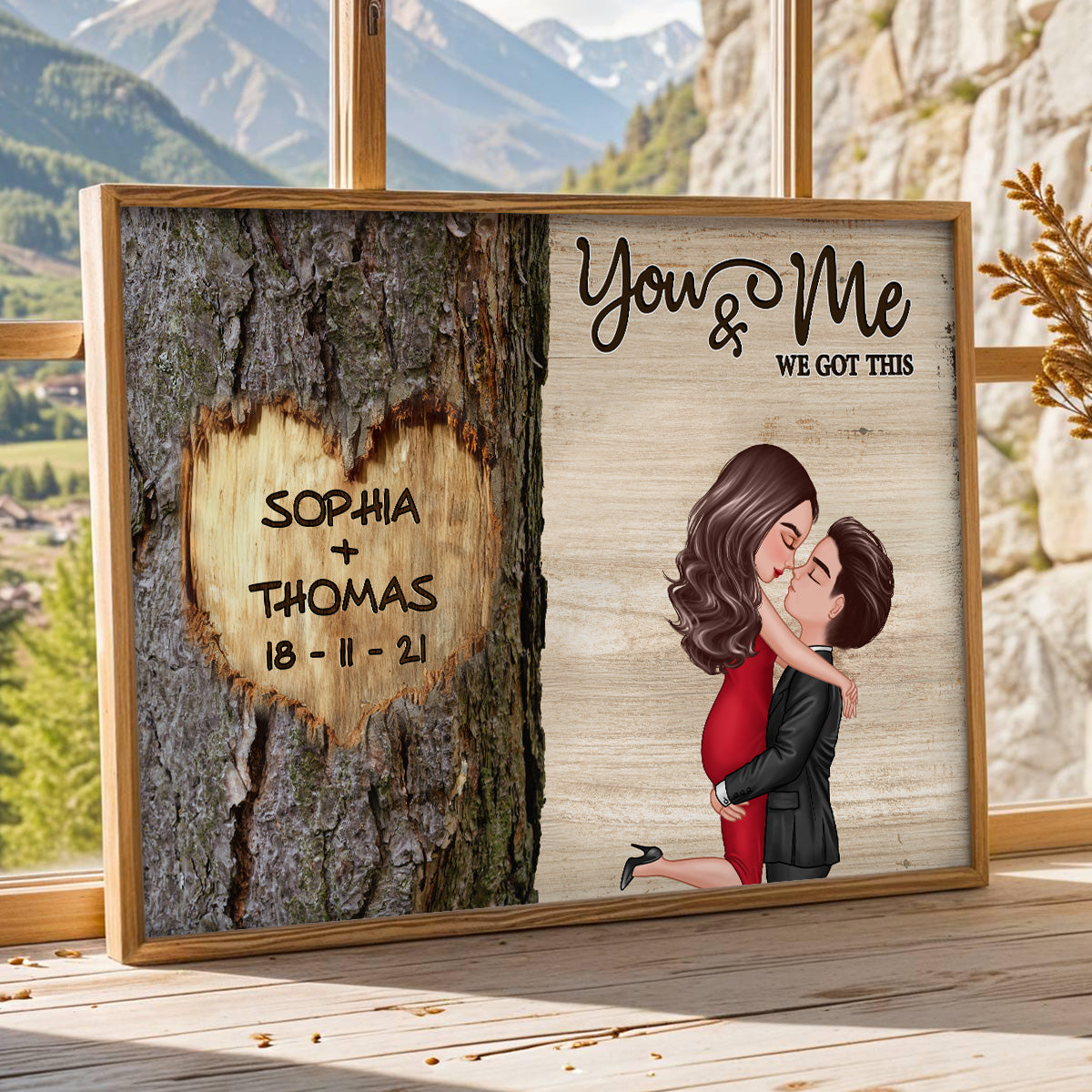 Couple Hugging Kissing Heart Carved Tree - Personalized Poster - Anniversary Gift, Valentine's Gift For Him, For Her