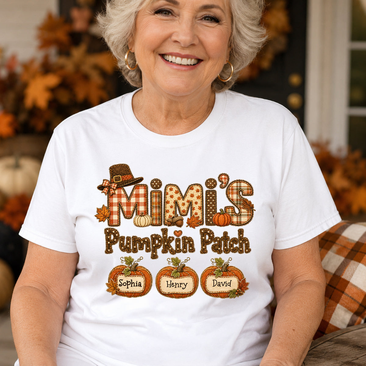 Grandma's Pumpkin Patch Fall Patchwork Pattern - Personalized Shirt - Trendy Fall Halloween Tee for Grandma