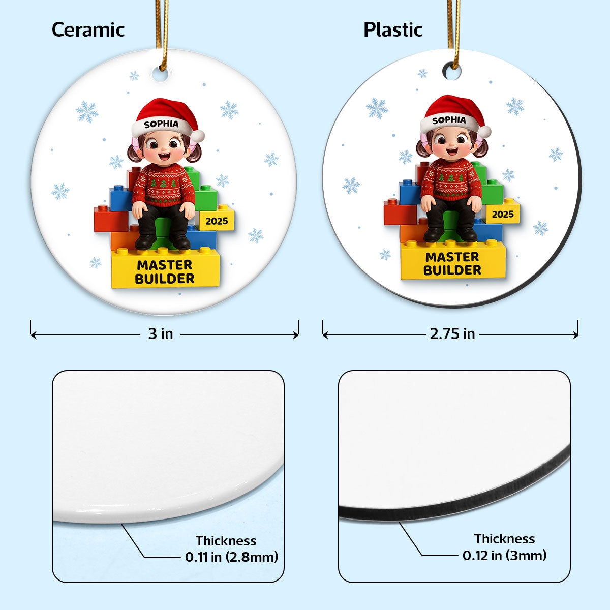 3D Effect Little Kid Master Builder Christmas - Personalized Ceramic Ornament - Christmas Gift For Grandkids, Grandson, Granddaughter