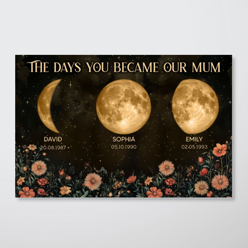 Vintage Flowers The Day You Become Mum Mom Grandma Custom Title And Nickname And Birth Moon Phase - Personalised Poster - Mother's Day Gift For Mum, Grandma