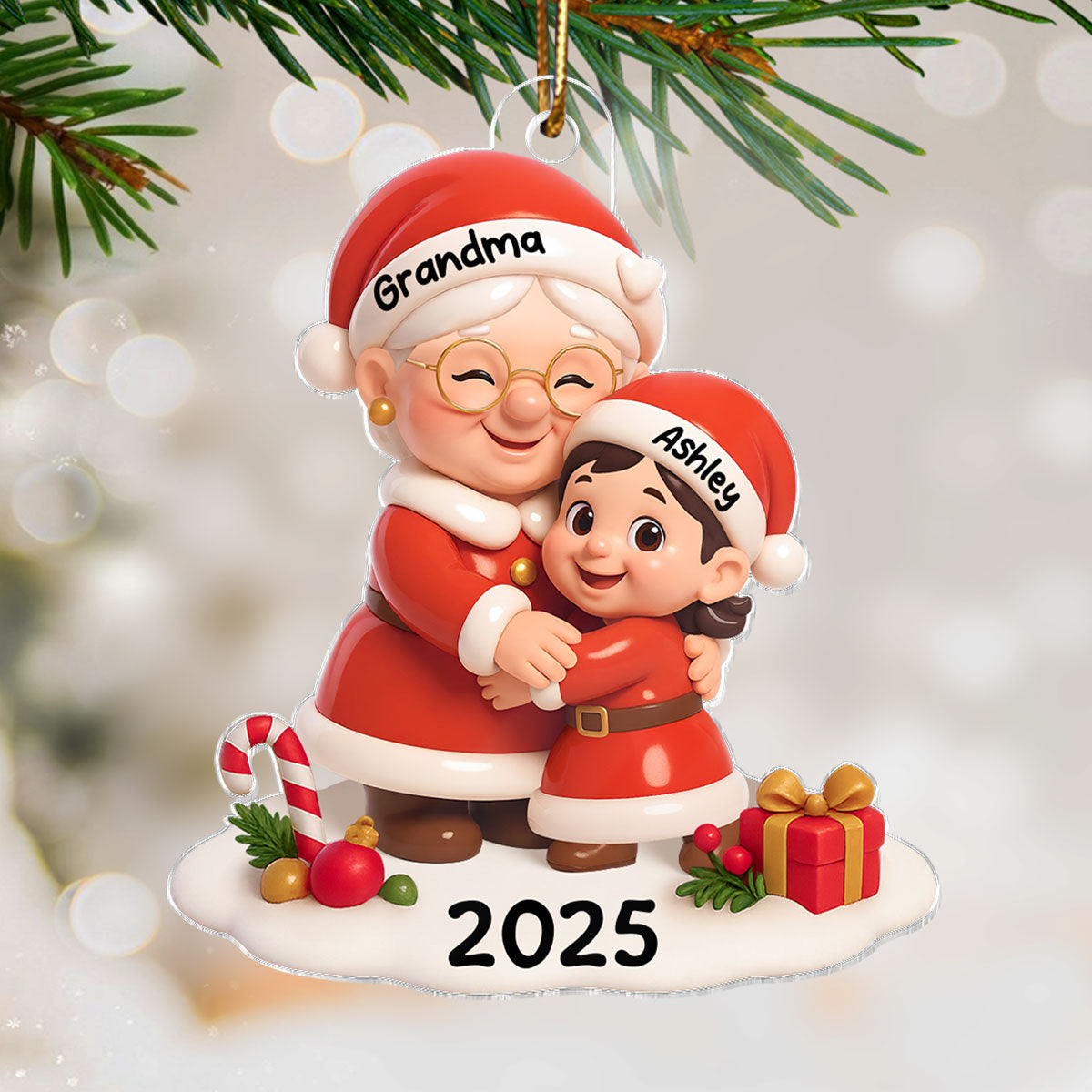 Santa Grandma Hugging Grandkid 3D Effect Personalized Acrylic Ornament, Christmas Gift for Grandson, Granddaughter, Grandma