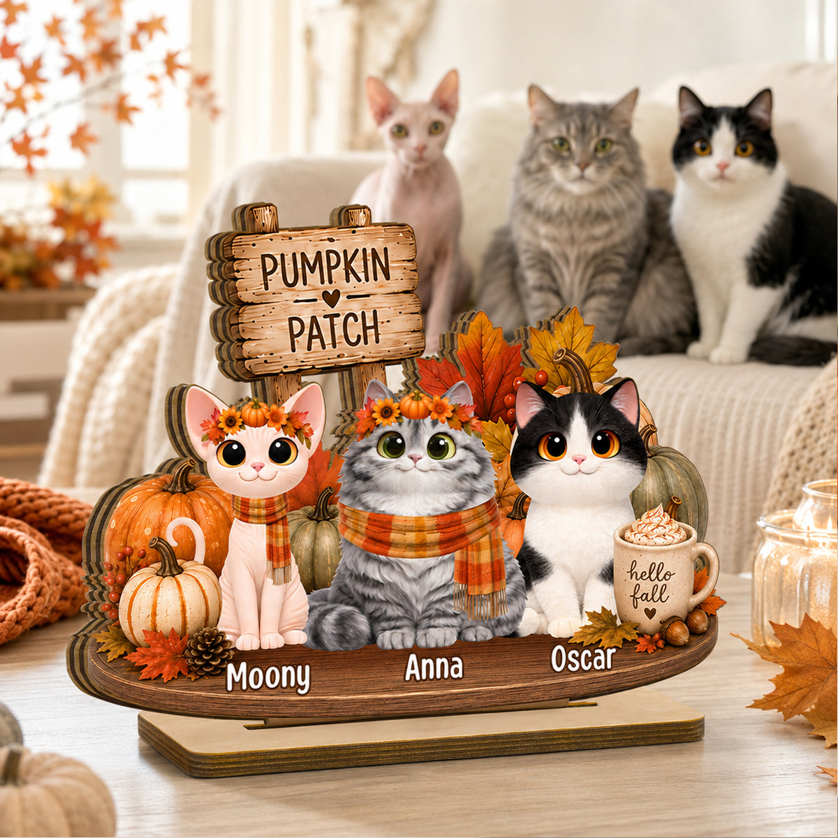 Halloween Cats Pumpkin Patch - Personalized 2-Layered Wooden Plaque - Fall Decor for Cat Lovers