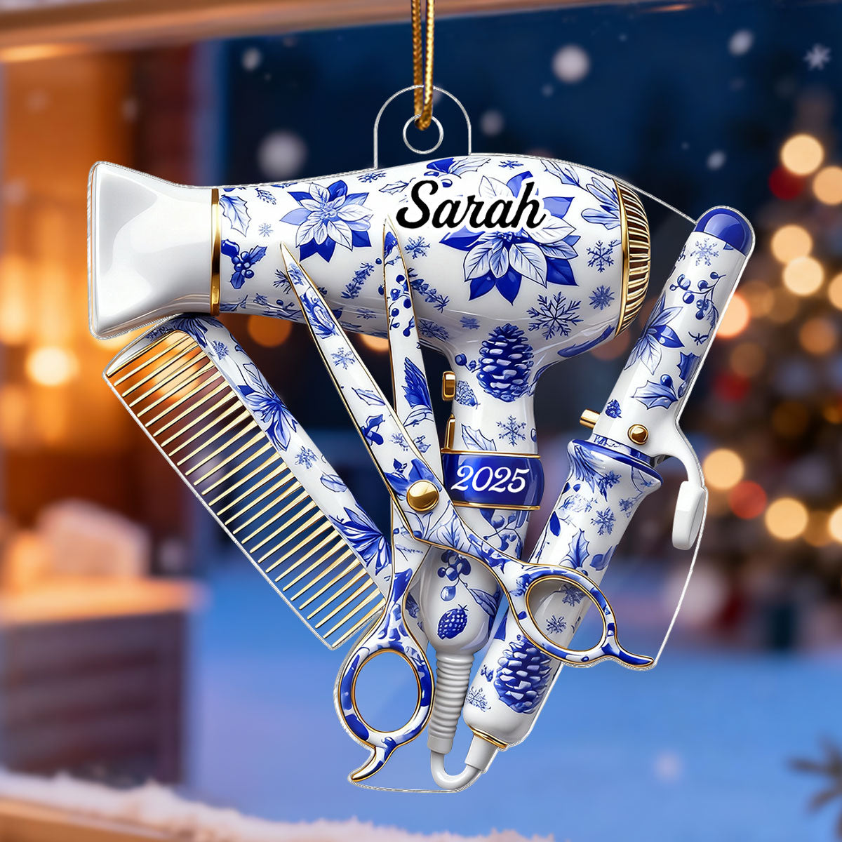3D Effect Christmas Toile De Jouy Pattern Hairdresser Things - Personalized Acrylic Ornament - Gift For Hairdressers
