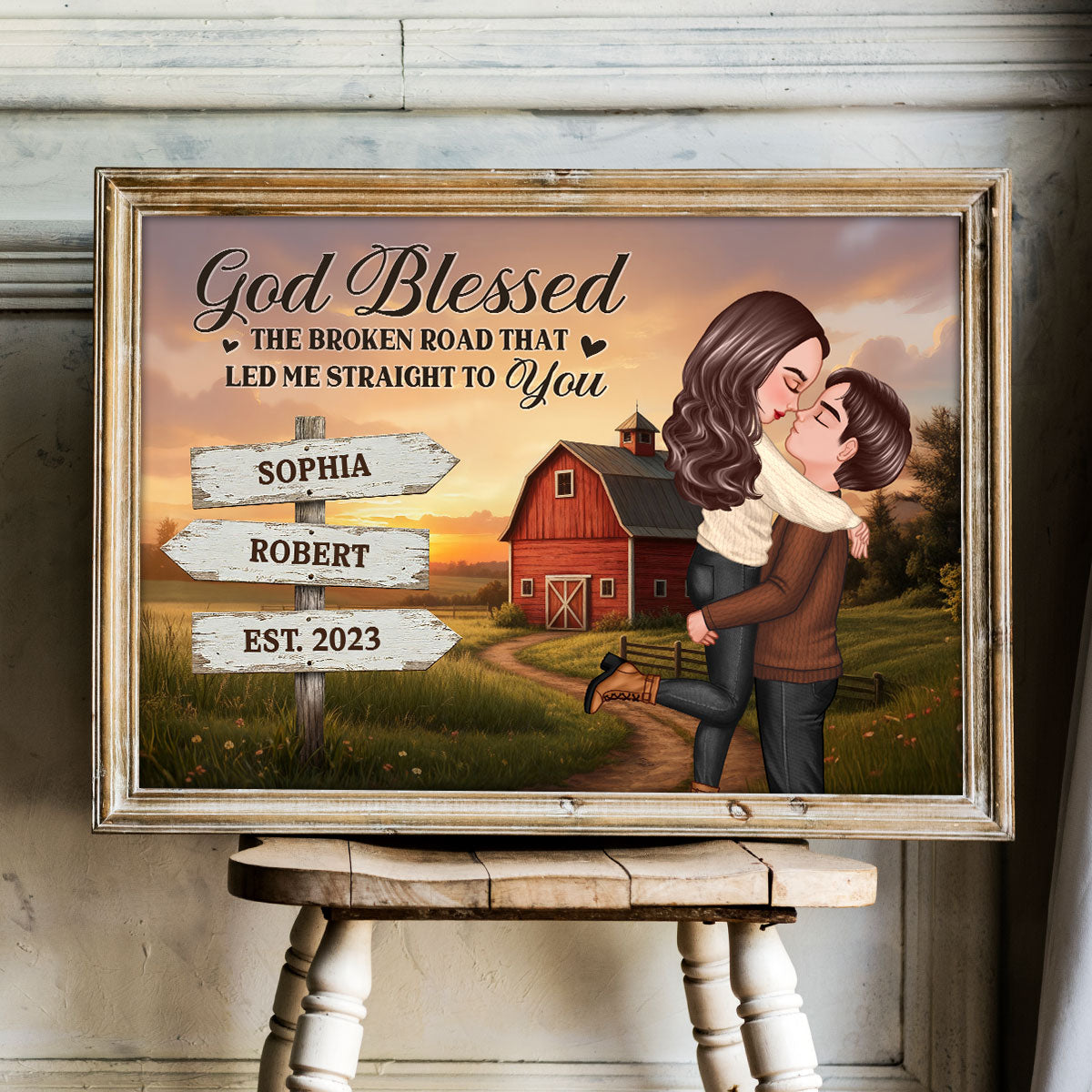 Rustic Nostalgia Red Barn House Sign Posts Couple Hugging Kissing Farmhouse Decor - Personalized Poster - Heartfelt Valentine, Anniversary Gift For Him, For Her