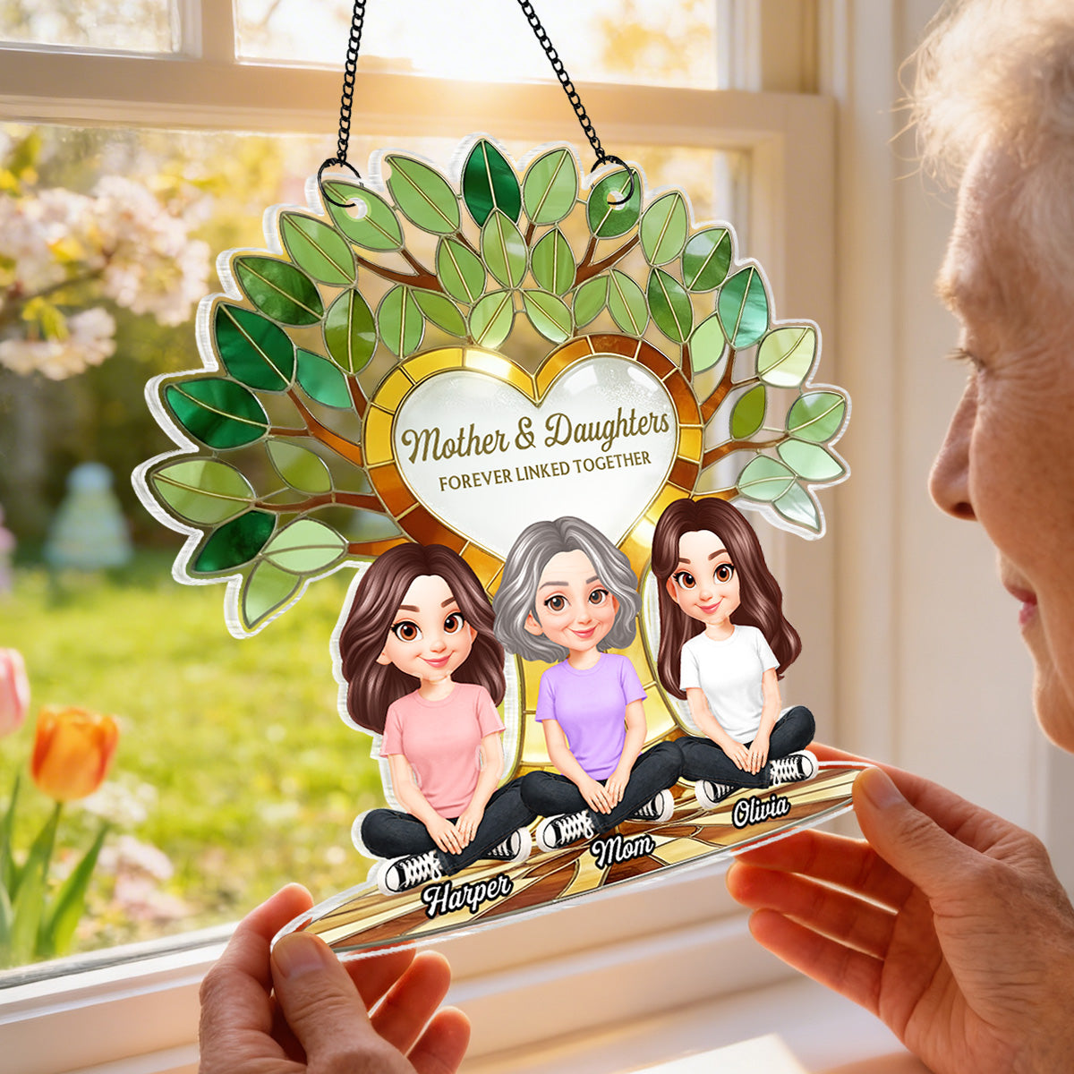 Mom And Son Daughter Under Green Family Tree Of Life - Personalized Suncatcher Ornament - Gift For Mom