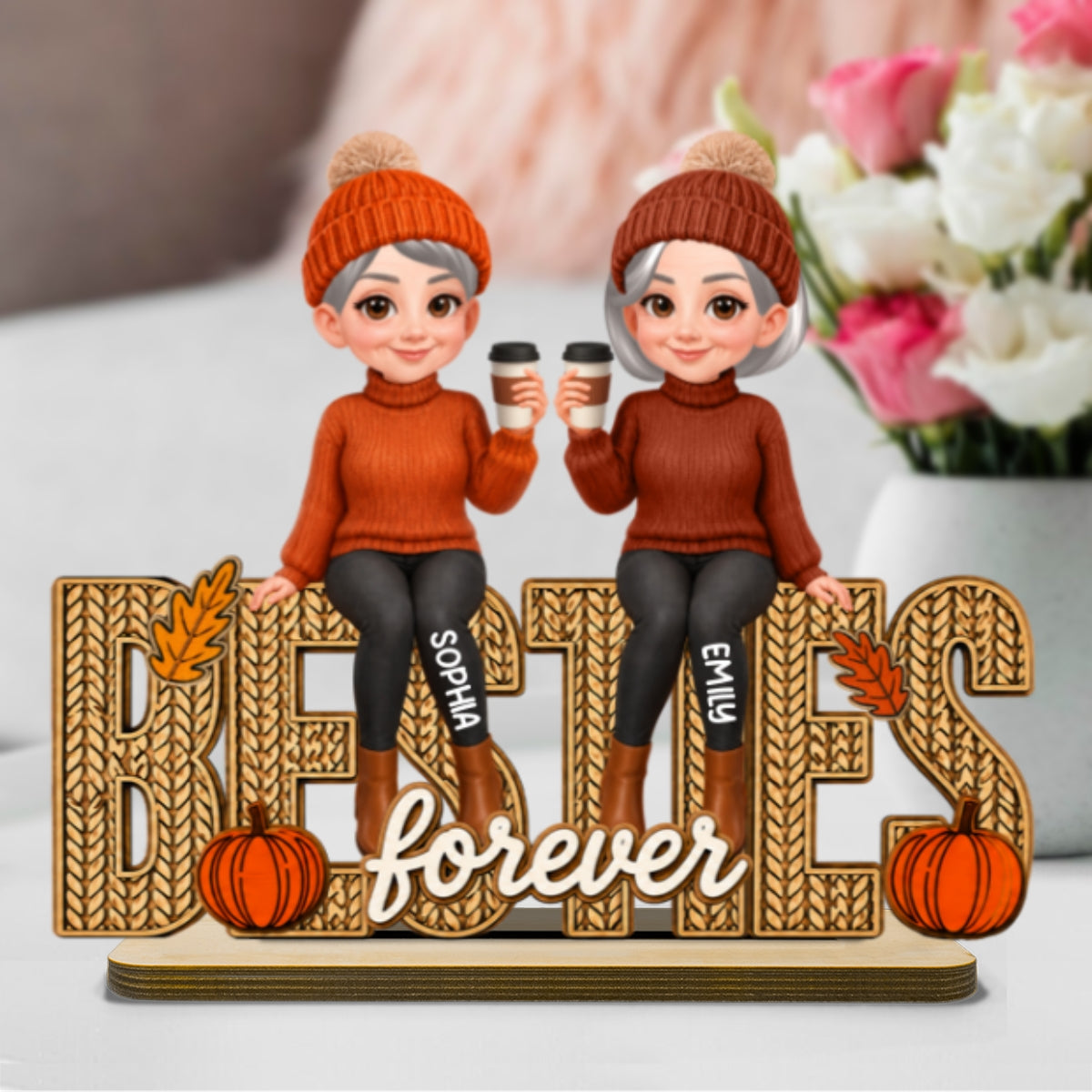 Besties Sisters Fall Season Knit Pattern - Personalized Wooden Plaque