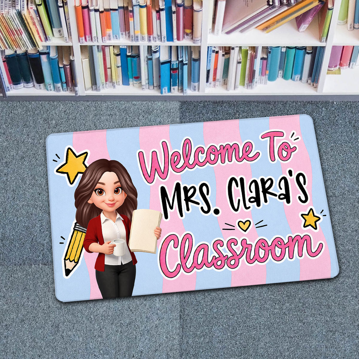 Striped Teacher Welcome To Classroom - Personalized Doormat - Back To School Gift, Classroom Decoration