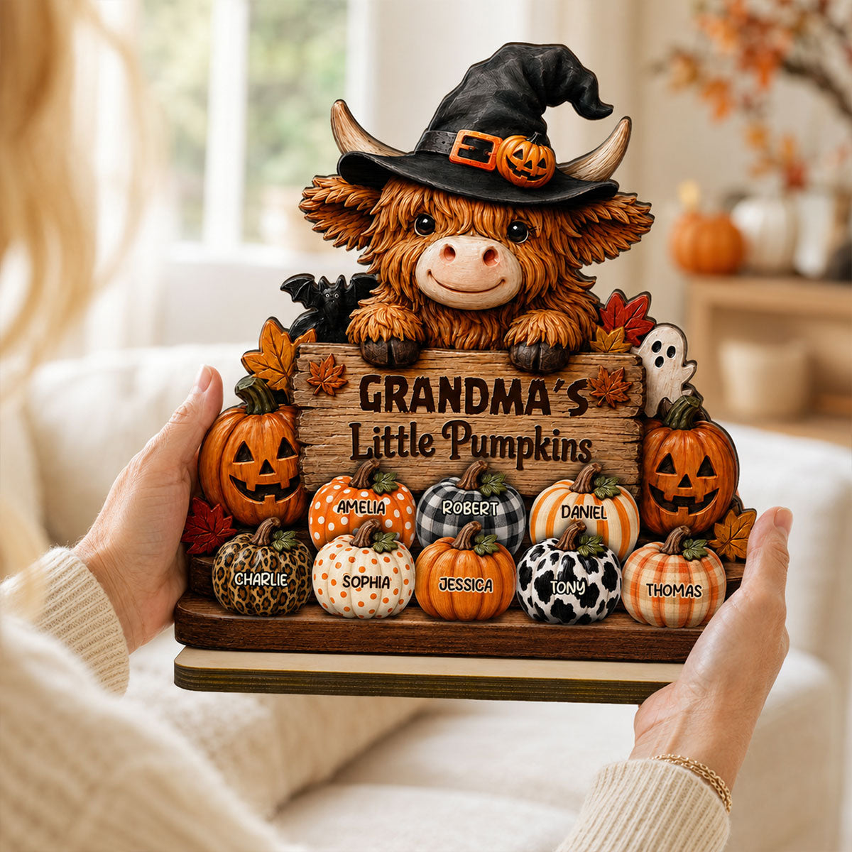 Highland Cow Grandma's Little Pumpkins - Personalized 2-Layered Wooden Plaque - Fall Decor For Grandma