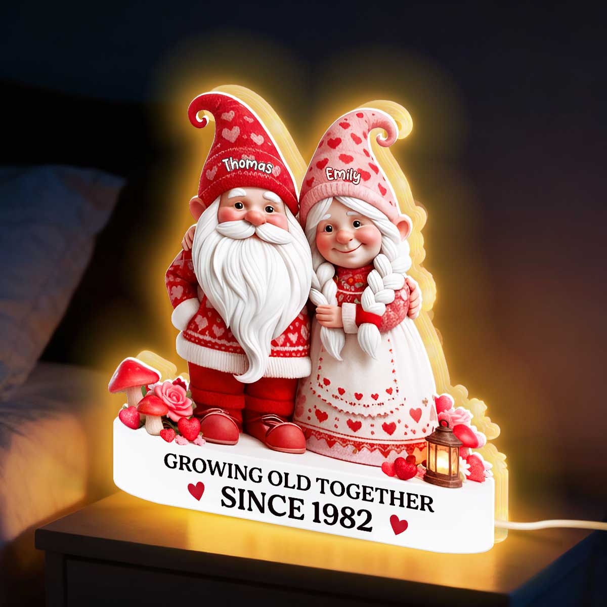 Eternal Love Nostalgia Valentine Gnome Couple Growing Old Together - Personalized Light Box - Heartfelt Valentine's Day Gift, Anniversary Gift For Couple, For Him, For Her