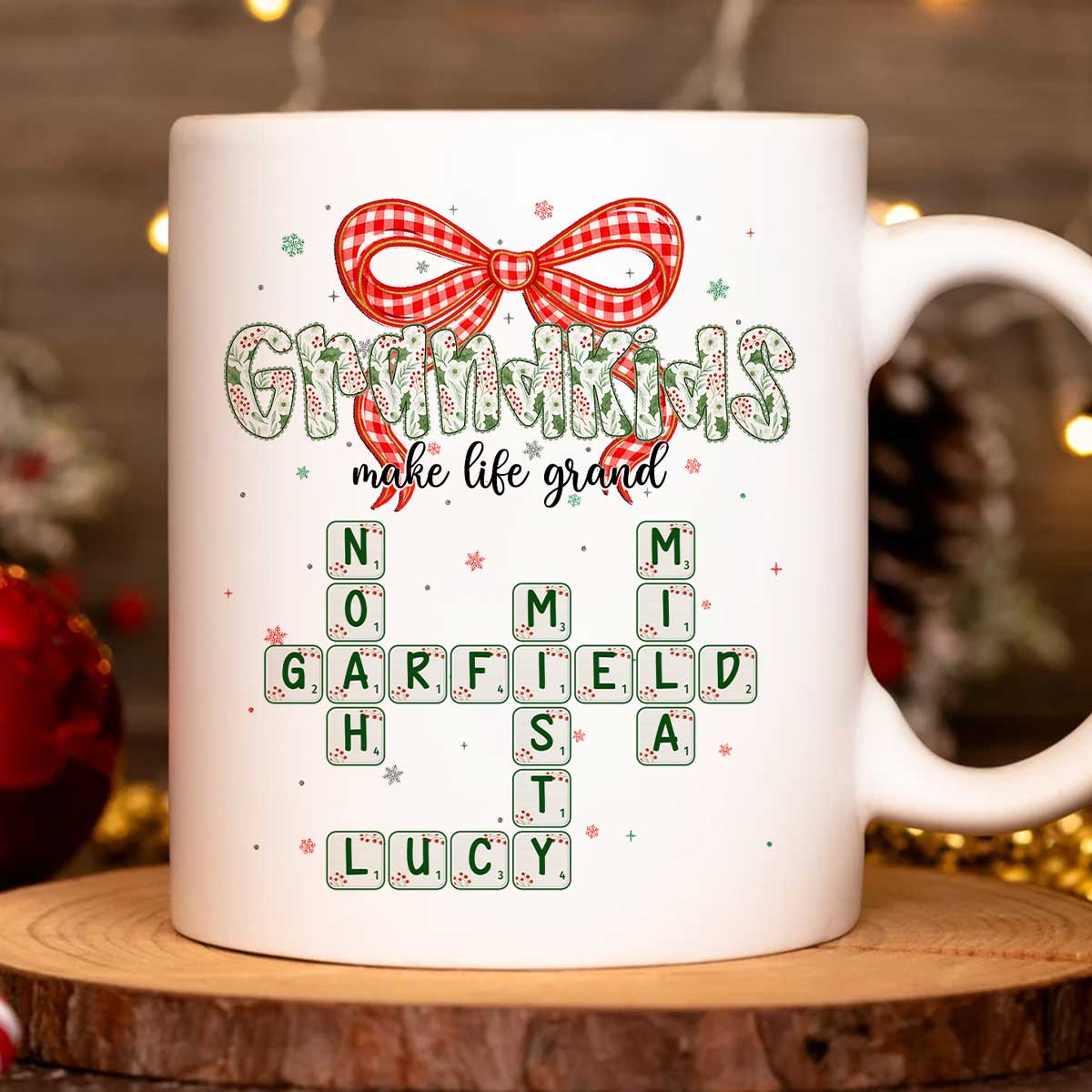 Grandkids Make Life Grand Coquette Floral Christmas Pattern Crossword Puzzle Art - Personalized Mug