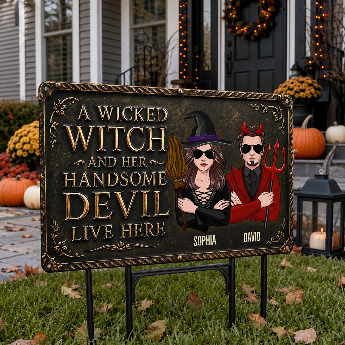 A Wicked Witch and Her Handsome Devil Live Here - Personalized Metal Sign - Halloween Decor for Couples