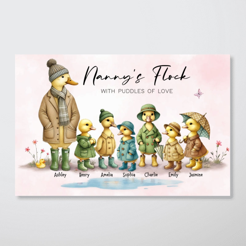 Nanny's Flock Gift For Grandma Nana Grammy Cute Ducks Personalised Poster, Gift