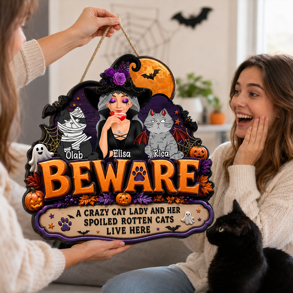 A Crazy Cat Lady And Her Spoiled Rotten Cats Live Here - Personalized Wood Sign - Halloween Decor Gift, Gift For Cat Lovers