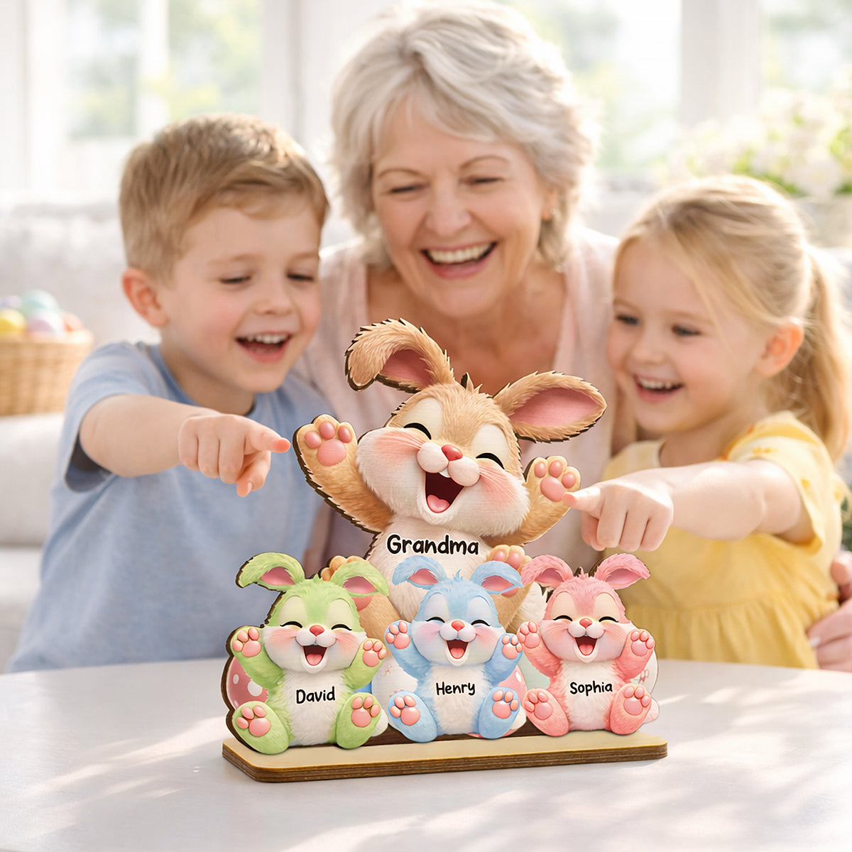 Grandma Bunny Easter Eggs - Personalized 2-Layered Wooden Plaque - Easter Decor for Grandma