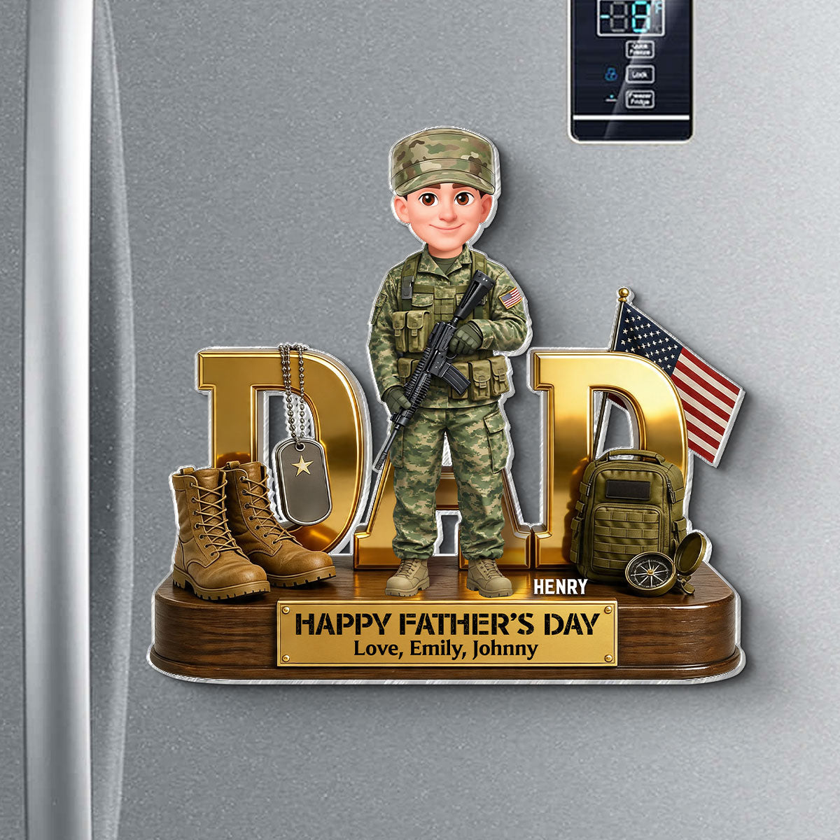 Proud American Army Millitary Dad - Personalized Acrylic Fridge Magnet - Father's Day Gift For Dad