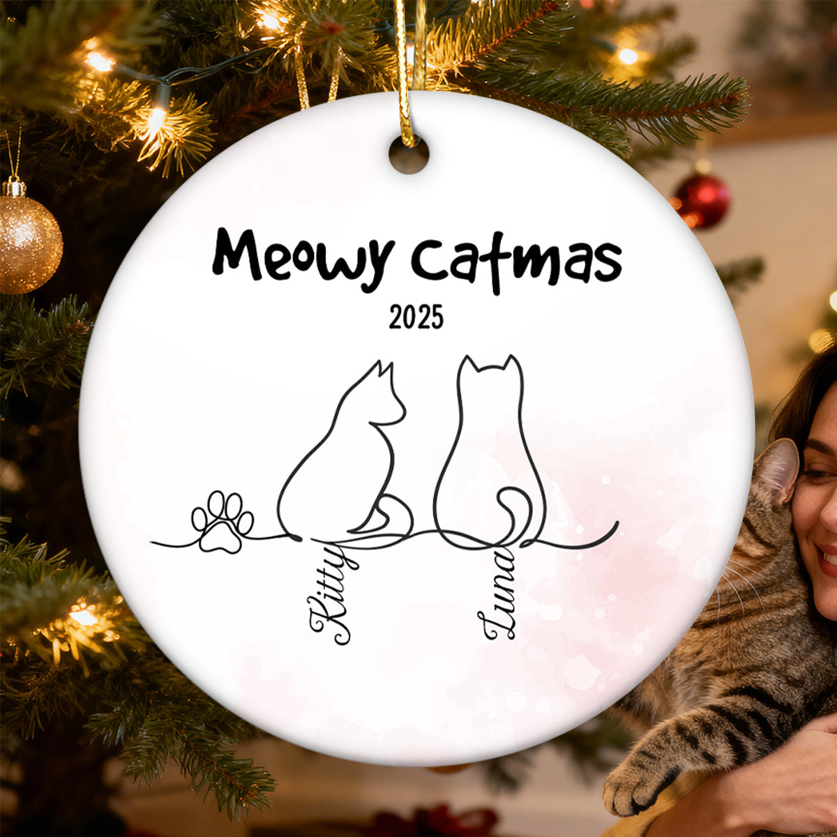 My Babies Cat Line Art - Personalized Ceramic Ornament - Christmas Ornament For Cat Lovers