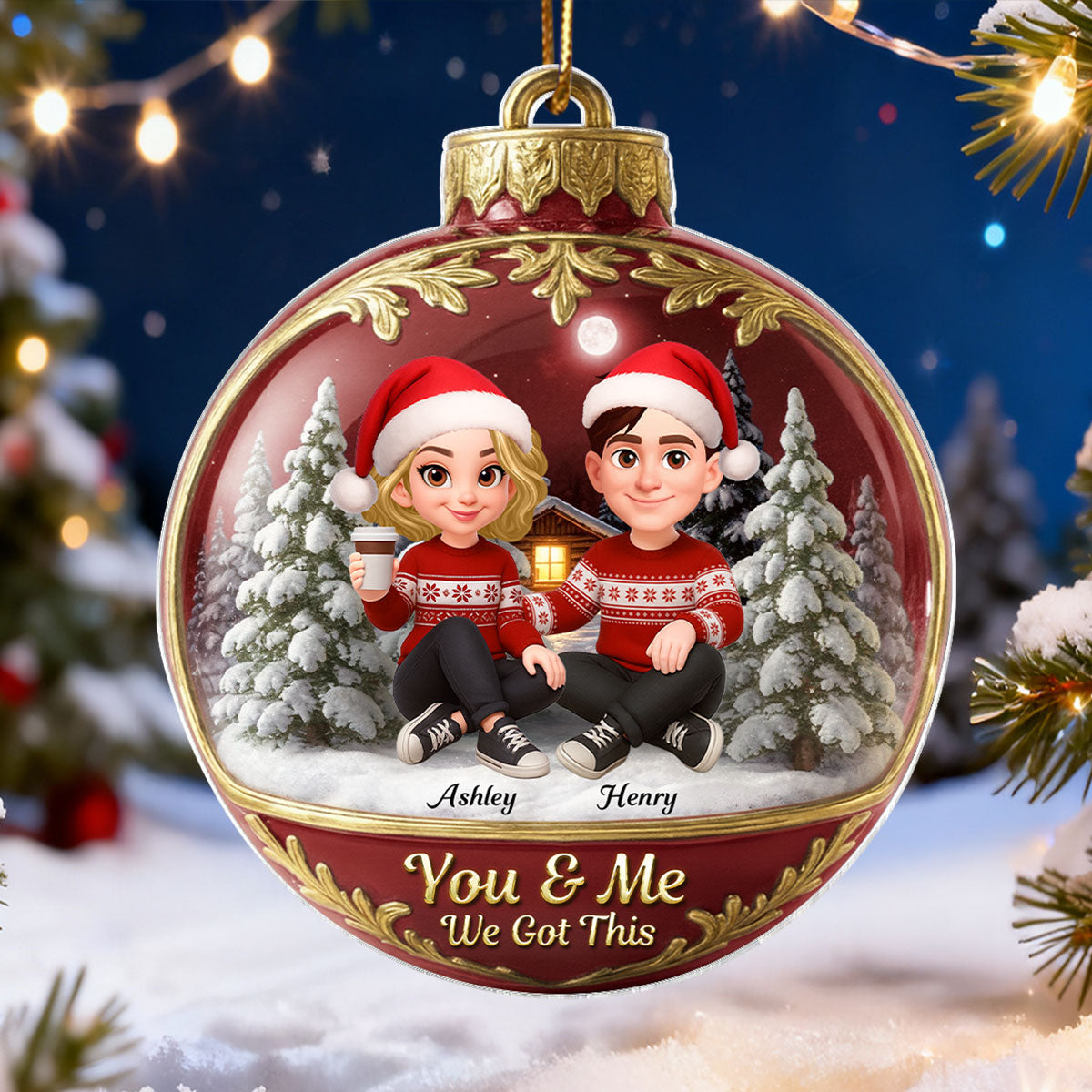 3D Effect Snow Globe Couple - Personalized Acrylic Ornament - Christmas Gift for him, Gift for her