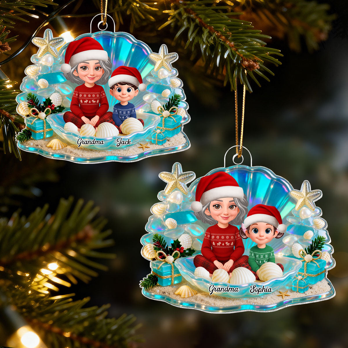 3D Effect Seashell Grandma Grandkids Christmas Together - Personalized Acrylic Ornament
