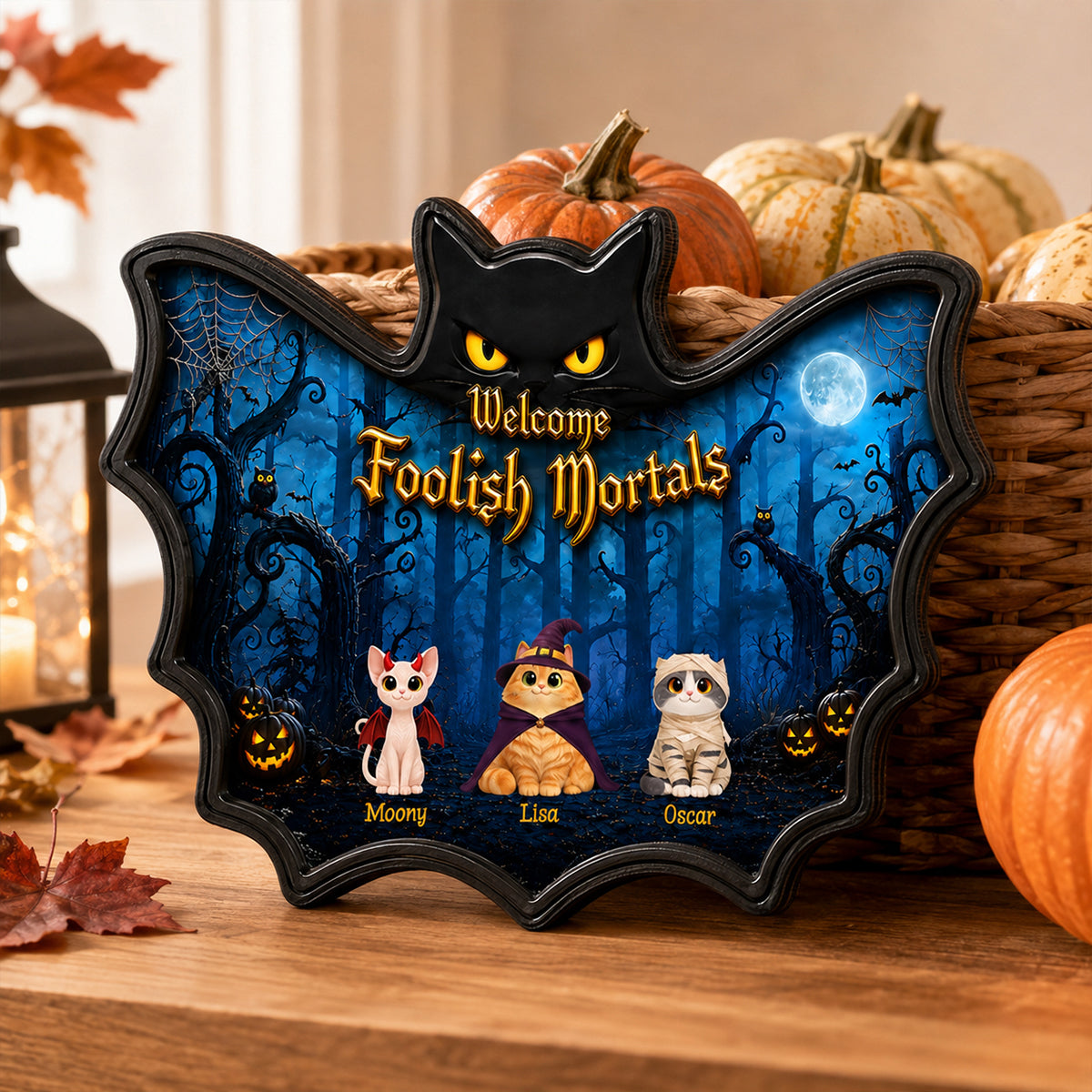 Welcome Foolish Mortals Cats Halloween - Personalized Door Sign - Halloween Decor Gift, Gift For Cat Lovers