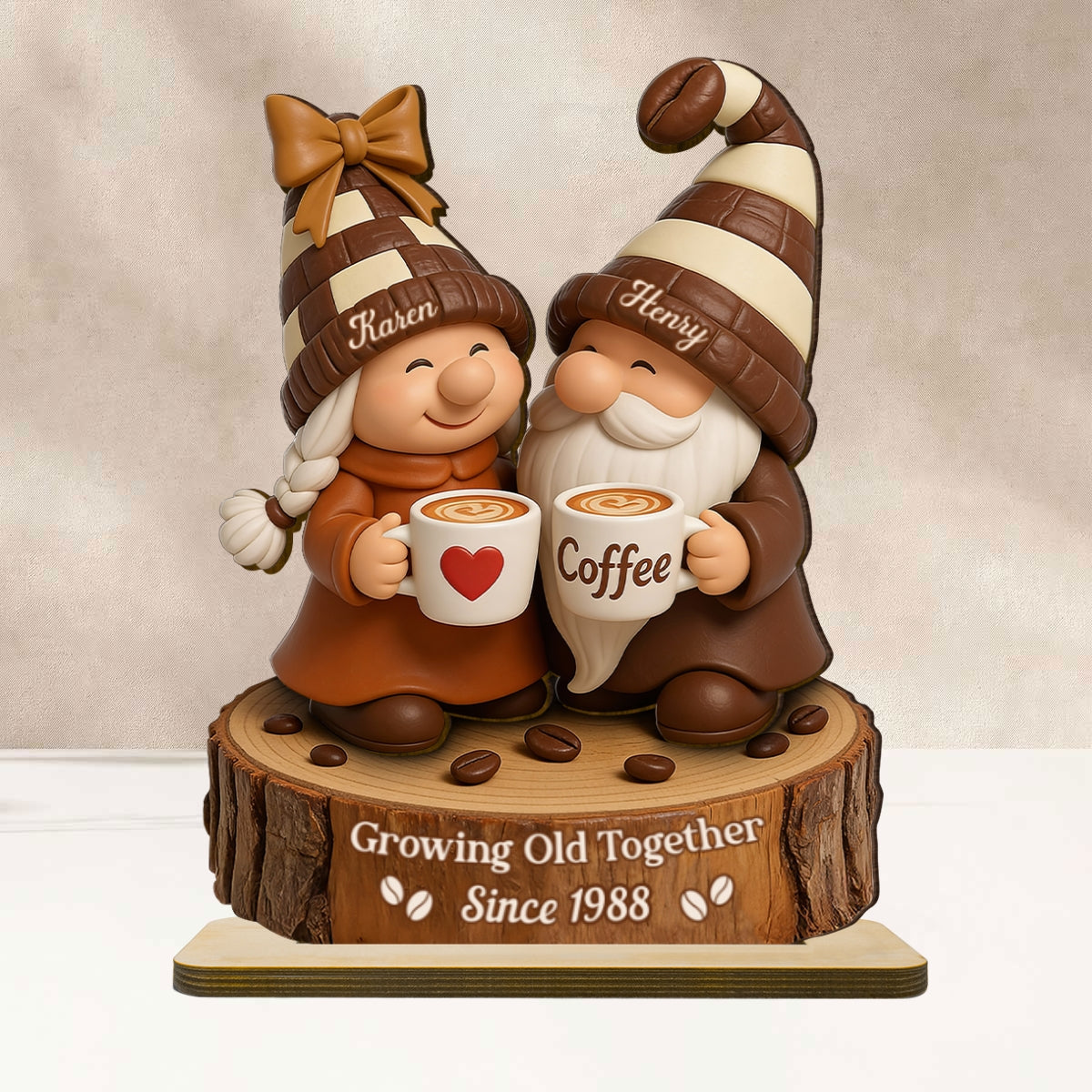 Coffee Gnome Couple - Personalized Standing Wooden Plaque - Gift for Couple