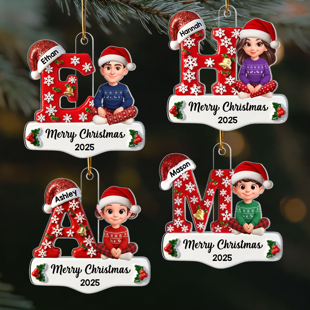 Family Member Christmas Festive Initial Name - Personalized Acrylic Ornament