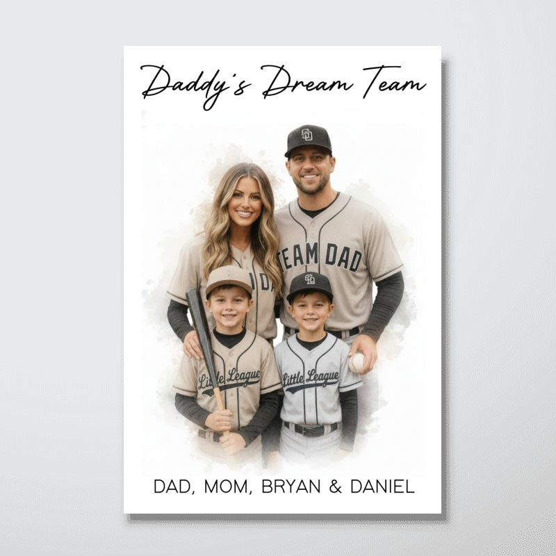 Watercolor Style Baseball Basketball Football Daddy's Dream Team - Personalized Poster - Father's Day Gift For Husband, Dad, Sport Dad