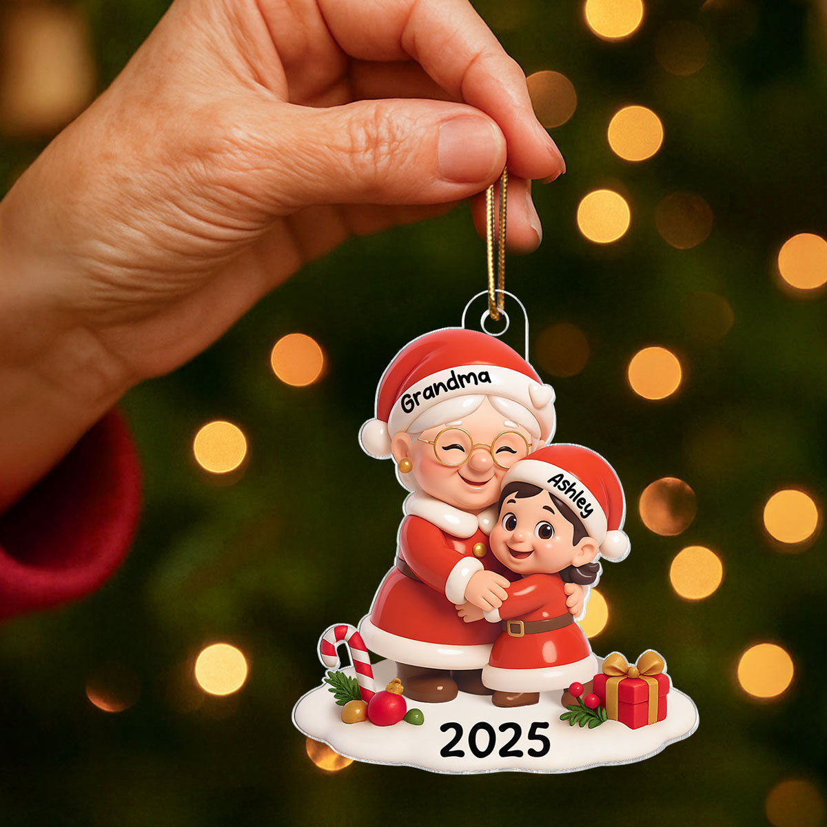 Santa Grandma Hugging Grandkid 3D Effect Personalized Acrylic Ornament, Christmas Gift for Grandson, Granddaughter, Grandma