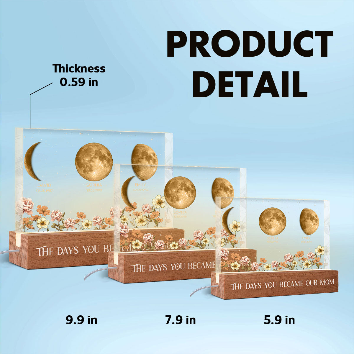 The Day You Became Our Mom Custom Moon Phase by Date - Personalized Acrylic Block LED Night Light, Custom Birth Flowers