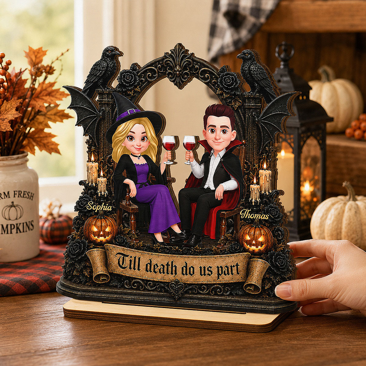 Till Death Do Us Part Halloween Couple Sitting 2D Flat - Personalized 2-Layered Wooden Plaque - Halloween Decor For Couple