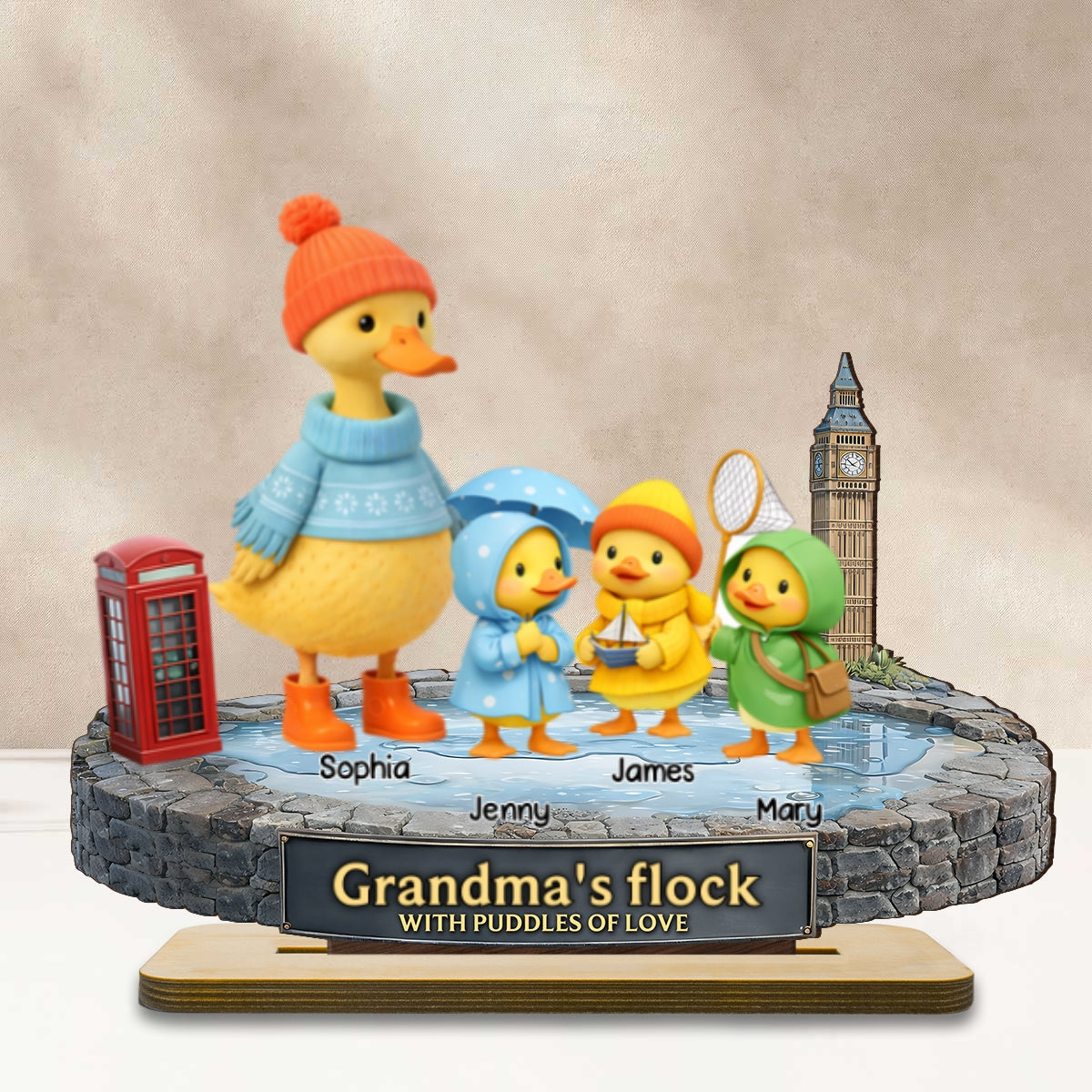 Nanny's Flock with Puddles of Love - Personalised 2-Layered Wooden Plaque - Heartfelt Mother's Day Gift for Nanny, Grandmother, Grandma